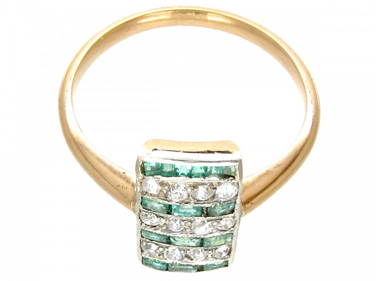Art Deco Emerald & Diamond Rectangular Stripes Ring