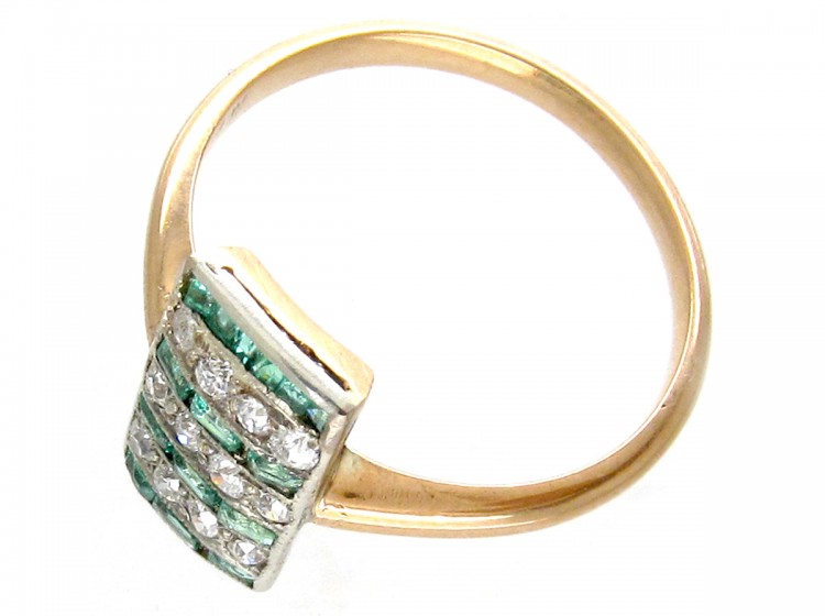 Art Deco Emerald & Diamond Rectangular Stripes Ring