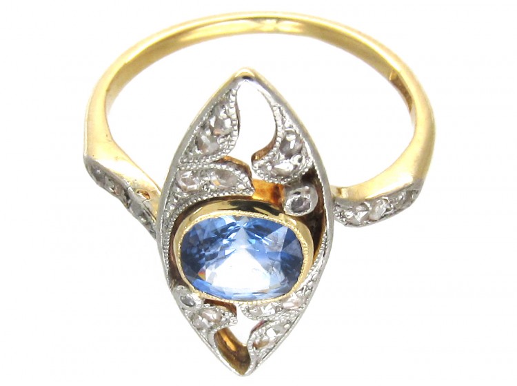 Edwardian Marquise Shaped Sapphire & Diamond Ring