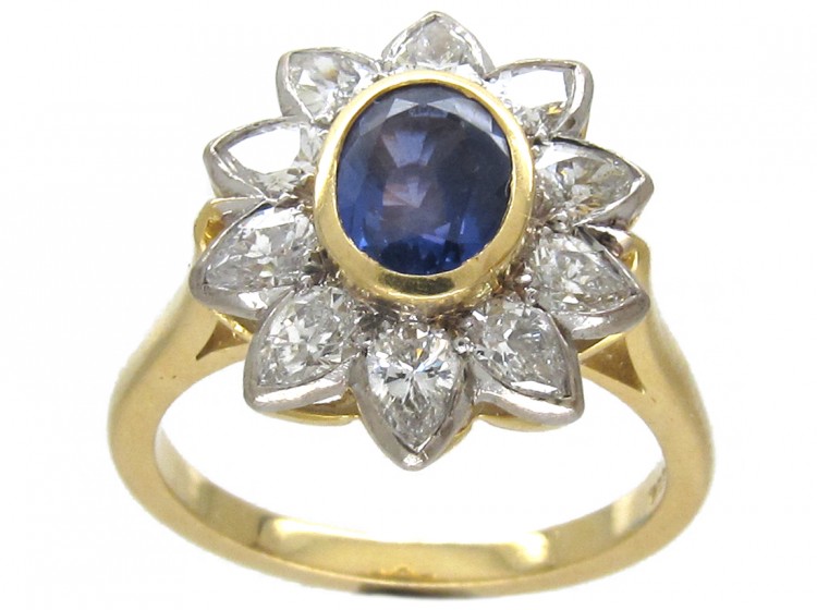 18ct Gold Sapphire & Diamond Pointed Petal Flower Ring