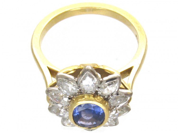 18ct Gold Sapphire & Diamond Pointed Petal Flower Ring