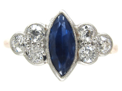 Art Deco Lozenge Shaped Burma Sapphire & Diamond Ring
