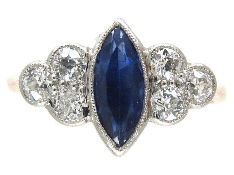Art Deco Lozenge Shaped Burma Sapphire & Diamond Ring