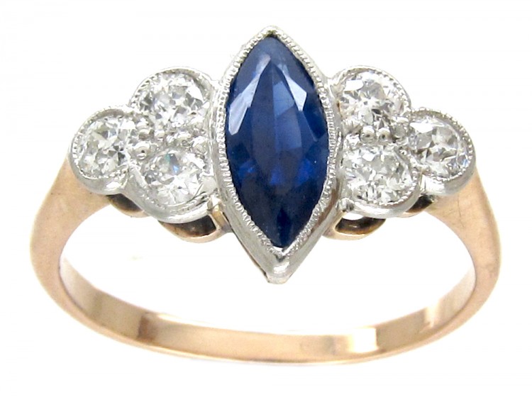 Art Deco Lozenge Shaped Burma Sapphire & Diamond Ring