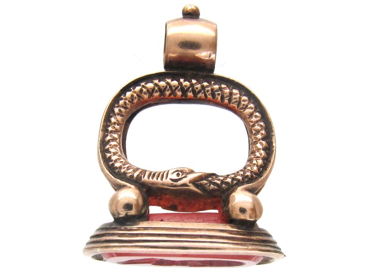 Carnelian & Gold Snakes Motif Seal with Greek Head Intaglio