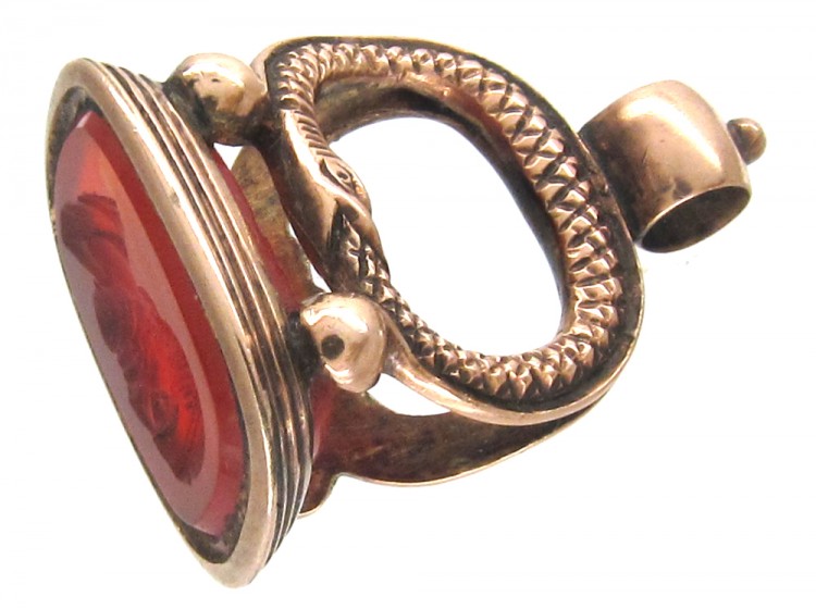 Carnelian & Gold Snakes Motif Seal with Greek Head Intaglio