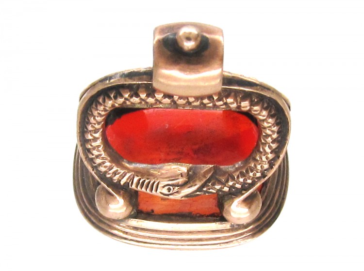 Carnelian & Gold Snakes Motif Seal with Greek Head Intaglio