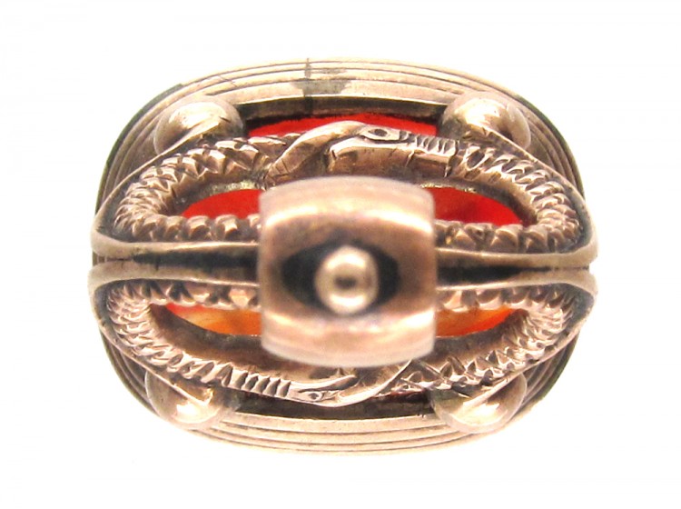 Carnelian & Gold Snakes Motif Seal with Greek Head Intaglio