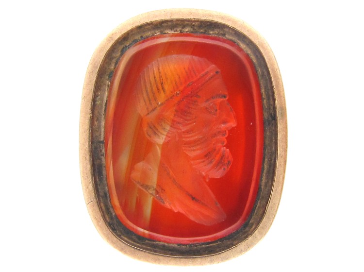 Carnelian & Gold Snakes Motif Seal with Greek Head Intaglio