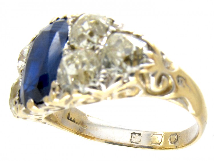 Victorian Large Sapphire & Old Mine Cut Diamond Ring