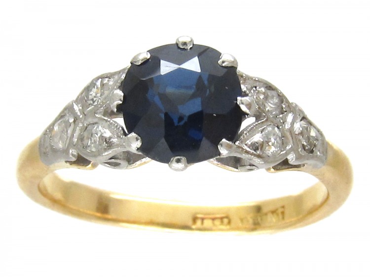18ct Gold & Platinum Burma Sapphire & Diamond Shoulders Art Deco Ring