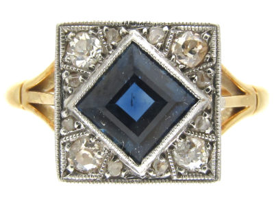 18ct & Platinum Art Deco Sapphire & Diamond Square Ring