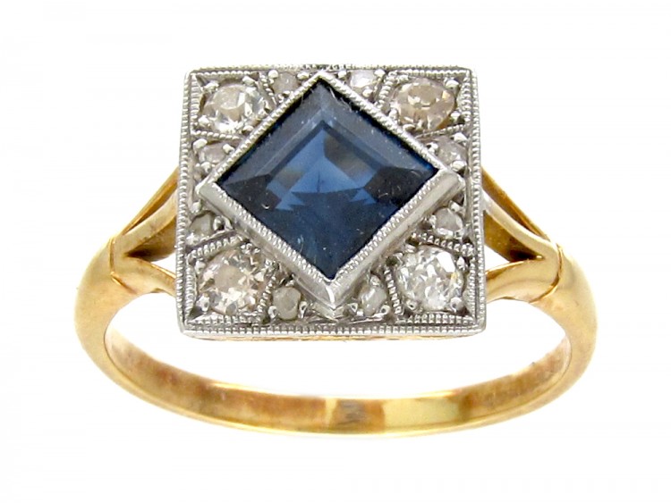 18ct & Platinum Art Deco Sapphire & Diamond Square Ring