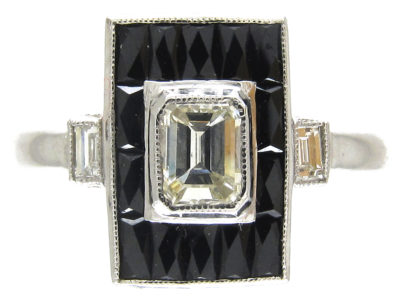 Art Deco 18ct White Gold Rectangular Onyx & Diamond Ring