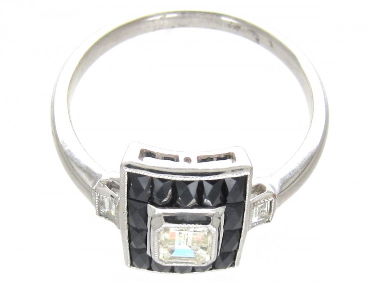 Art Deco 18ct White Gold Rectangular Onyx & Diamond Ring