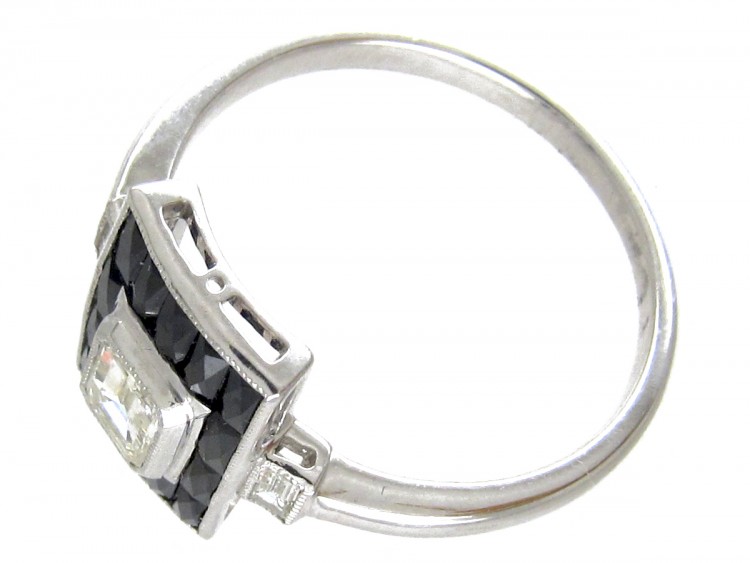 Art Deco 18ct White Gold Rectangular Onyx & Diamond Ring