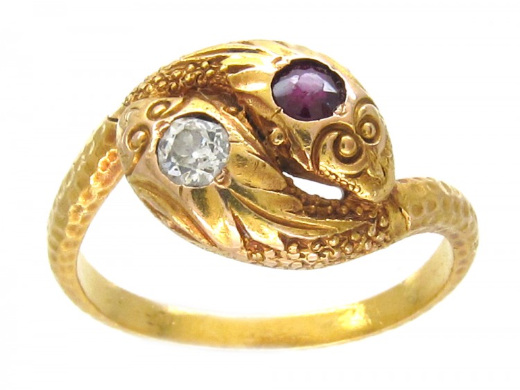 Victorian 18ct Gold Double Snake Ring set with a Ruby & Diamond