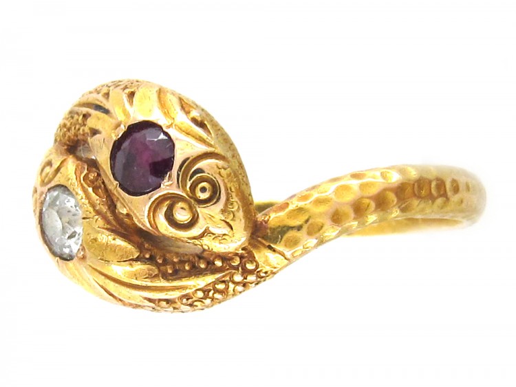Victorian 18ct Gold Double Snake Ring set with a Ruby & Diamond