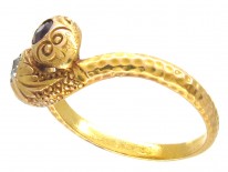 Victorian 18ct Gold Double Snake Ring set with a Ruby & Diamond