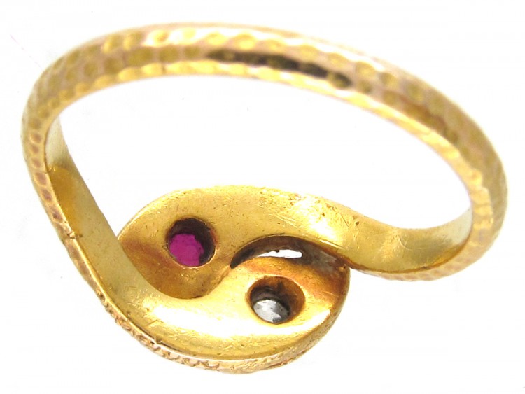 Victorian 18ct Gold Double Snake Ring set with a Ruby & Diamond