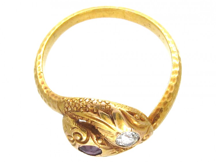 Victorian 18ct Gold Double Snake Ring set with a Ruby & Diamond