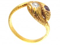 Victorian 18ct Gold Double Snake Ring set with a Ruby & Diamond