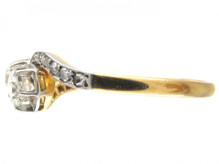 Edwardian 18ct Gold & Platinum Two Diamond Crossover Ring