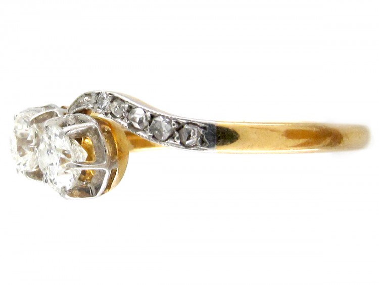 Edwardian 18ct Gold & Platinum Two Diamond Crossover Ring