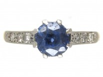 Edwardian Solitaire Ceylon Sapphire with Diamond Shoulders Ring