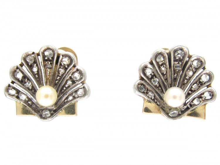 Edwardian Natural Pearl & Rose Diamond Shell Earrings on Screw Fittings