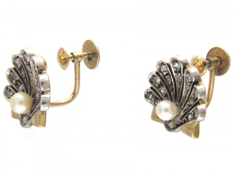 Edwardian Natural Pearl & Rose Diamond Shell Earrings on Screw Fittings