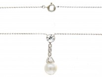 Natural Pearl & Diamond Drop Pendant on Platinum Chain