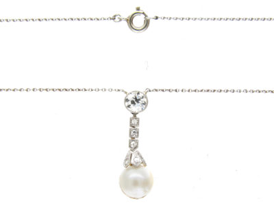 Natural Pearl & Diamond Drop Pendant on Platinum Chain