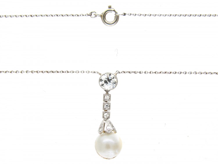 Natural Pearl & Diamond Drop Pendant on Platinum Chain
