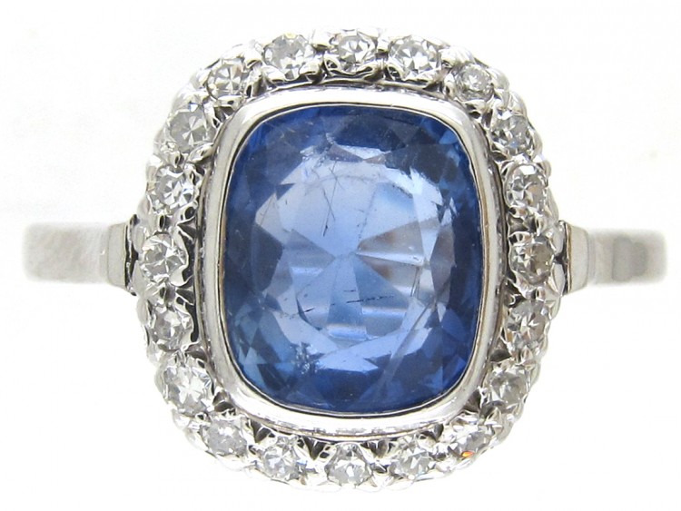 18ct White Gold Rectangular Ceylon Sapphire & Diamond Ring