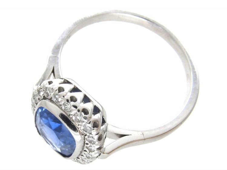 18ct White Gold Rectangular Ceylon Sapphire & Diamond Ring