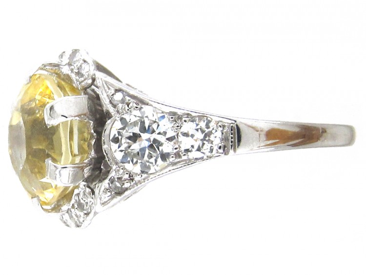 Yellow Sapphire & Diamond & Platinum Art Deco Ring