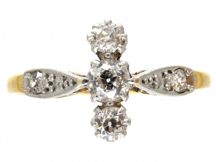 Edwardian Diamond Three Stone Ring with Diamond Shoulders
