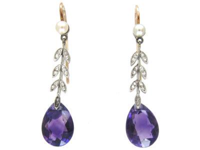 Edwardian Amethyst Natural Pearl & Diamond Drop Earrings