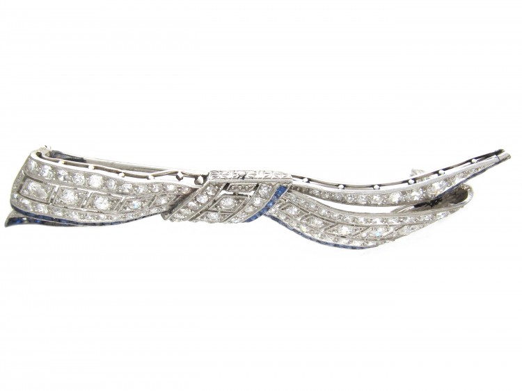 Art Deco Platinum, Diamond & Sapphire Bow Brooch