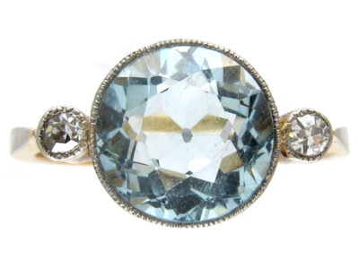 Edwardian 18ct Gold & Platinum Aquamarine & Diamond Ring