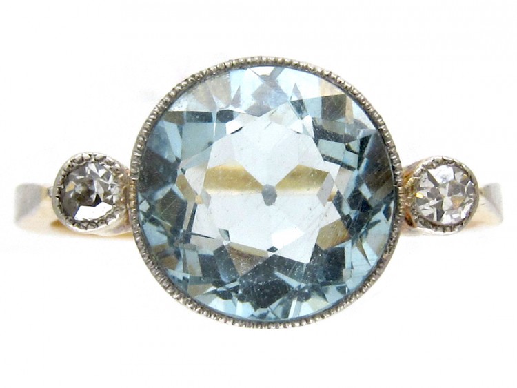 Edwardian 18ct Gold & Platinum Aquamarine & Diamond Ring