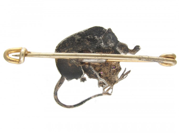Silver Rat Brooch with Ruby Eyes