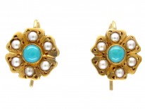 Edwardian 18ct Gold Natural Split Pearl & Turquoise Flower Earrings