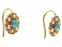 Edwardian 18ct Gold Natural Split Pearl & Turquoise Flower Earrings