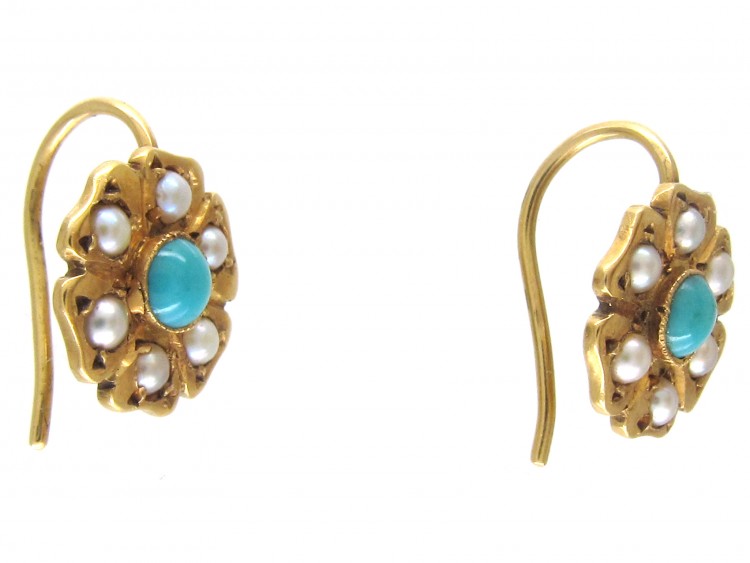 Edwardian 18ct Gold Natural Split Pearl & Turquoise Flower Earrings