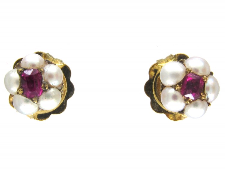 Edwardian Natural Ruby & Natural Pearl Cluster Earrings