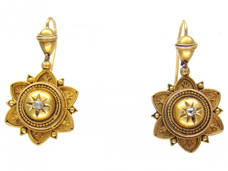 Victorian 18ct Gold Etruscan Design & Diamond Set Earrings