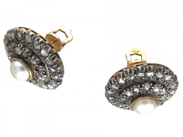 Victorian Rose Diamond & Natural Split Pearl Round Earrings