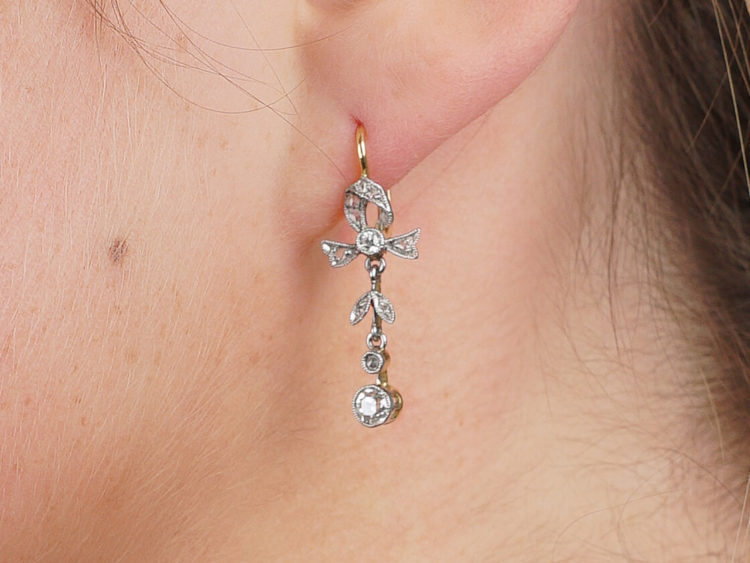 Edwardian Diamond Bow & Leaf Drop Earrings